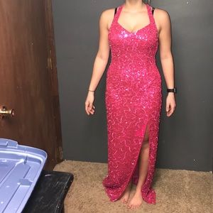 Pink sequin, open back, Scala prom dress
